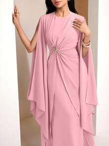 Veilorie Twist, Pleated Decor Button Waist Elegant Summer Dress - Pink - View 4