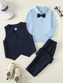 3pcs Young Boys Gentleman Elegant Urban White Long Sleeve Shirt, T-Shirt, Vest And Pants Suit, Suitable For Weddings, Parties, Outings, Gatherings, Autumn/Winter - Blue - View 2