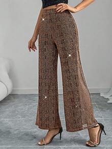 SHEIN Clasi 女士时尚派对格子拼接阔腿裤 - 金色 - 查看 7