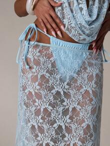 SHEIN BAE Women's Sexy Sheer Lace Low Waist Cover-Up Skirt, Suitable For Beach, Vacation - Baby Blue - View 8