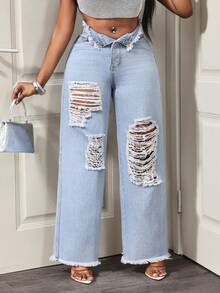 BamGleam Cowgirl Loose Fit Blue Distressed Flared Jeans With Frayed Hem, Non-Stretch, Spring For Women - Light Wash - View 1