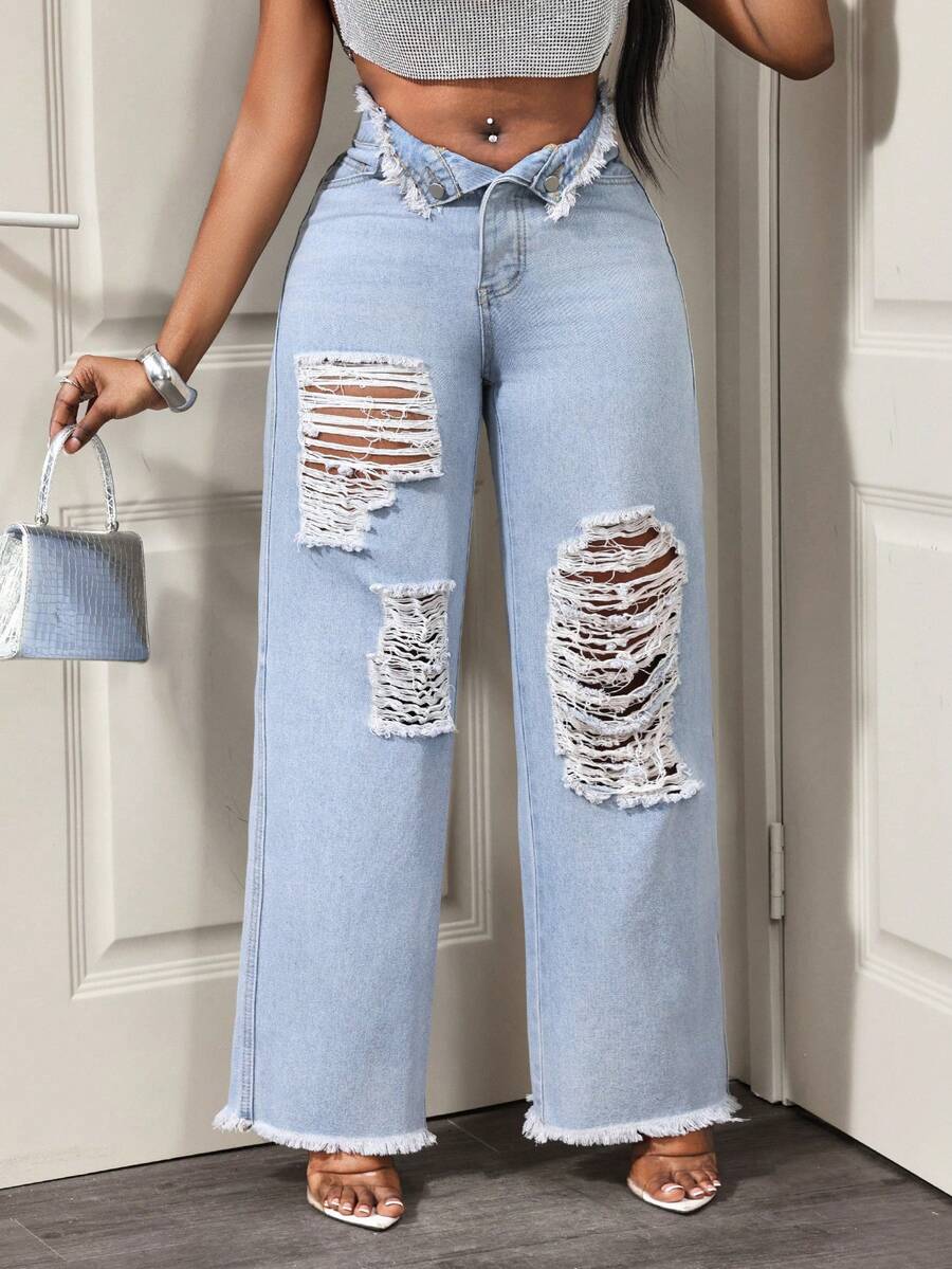 BamGleam Cowgirl Loose Fit Blue Distressed Flared Jeans With Frayed Hem, Non-Stretch, Spring For Women - Light Wash - View 1