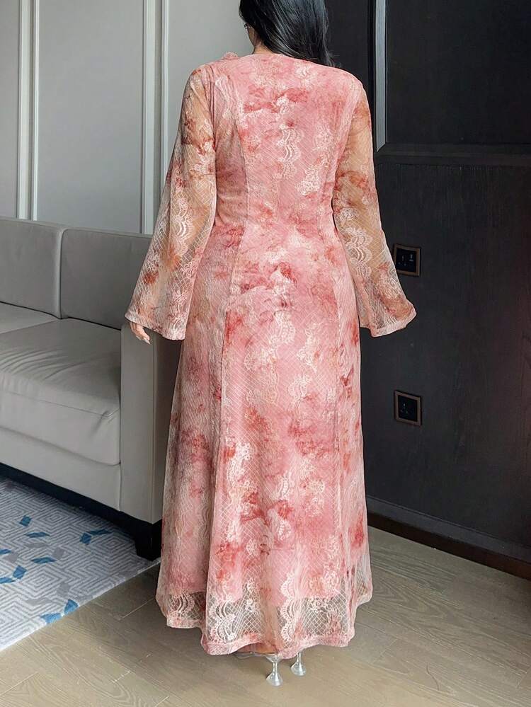 Dazy Plus Plus Size Women Floral Lace V-Neck Long Sleeve Elegant Dress Sundress