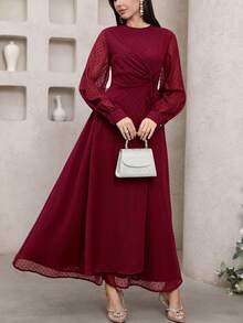 Veilorie New Design Wrap-Style Cinched Waist Romantic Flowy Elegant Vacation Dress - Burgundy - View 2