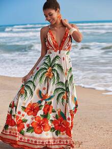 Travachic Women's Tropical Print Maxi Deep V Neck Dress, Vacation,Women's Dresses, Tropical Vacation, Bohemian Outfits, Ibiza Outfits, Western Style - Multicolor - View 3
