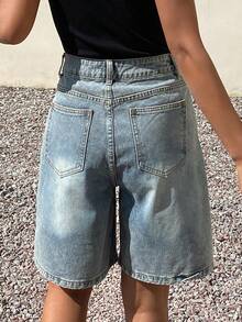 Livesso 女士休闲日常口袋纽扣牛仔短裤 - 藍色 - 查看 6
