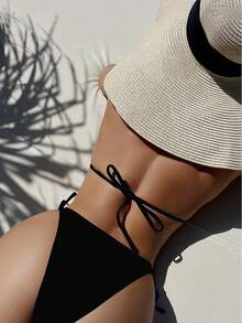 Swim SXY 2pcs Sequin & Mesh Splice Triangle Halter Tie Bikini Set - Black - View 5