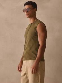 Musero Crew Neck Sleeveless Vest Style Top Asym Button Through Detailing Tank Top Spring Summer Essentials Beach Wear - Green - View 4
