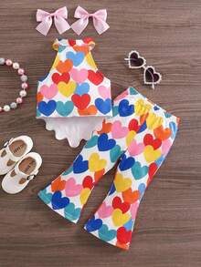 SHEIN Baby Girl Heart Print Asymmetric Hem Halter Top And Flare Pants Set - Multicolor - View 3