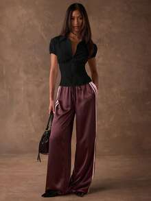 SHEIN BAE 女士极简时尚弹力腰带花瓣袖修身短款拉链衬衫 - 黑色 - 查看 3