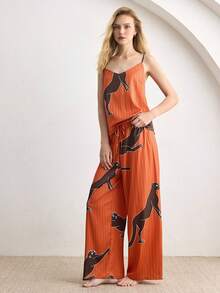 Ocili Bohemian Satin Leopard Animal Lace Minimalist Draped Neck 2-Piece Set, Spaghetti Strap Long Pants, Comfortable Women Sleepwear Pajama Set - Coral Orange - View 5