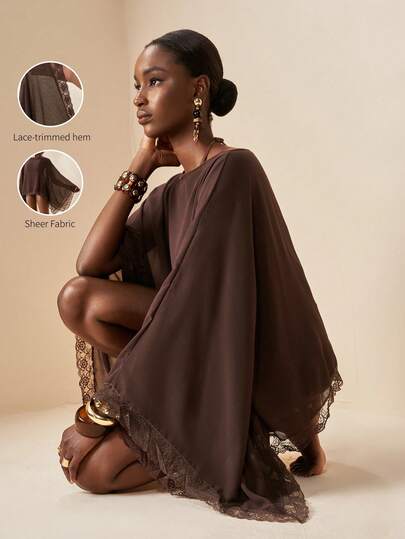 Zivah 2026 Women's Vacation Casual Beach Sheer Chiffon Lace Trim Kimono Cover Up