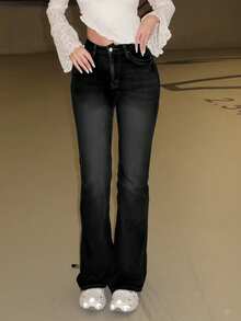 Turnttoni Women's Rhinestone Embroidered Wing Flared Casual Low Waist Jeans - Black - View 5