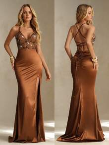 SHEIN Glamour Vestido largo elegante de mujer con abertura alta en marrón - Café - Ver 1