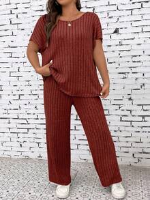 EMERY ROSE Women's Round Neck Striped Short Sleeve Top And Wide Leg Pants Casual 2 Pieces Set - Burgundy - View 3