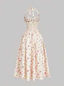 Vestido midi elegante de mujer con estampado floral pequeño y espalda descubierta, para verano - Multicolor - Ver 6