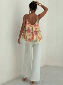 Aloruh 深V领露背印花宽松雪纺上衣，性感度假上衣，波西米亚风网纱印花吊带衫 - 彩色 - 查看 6