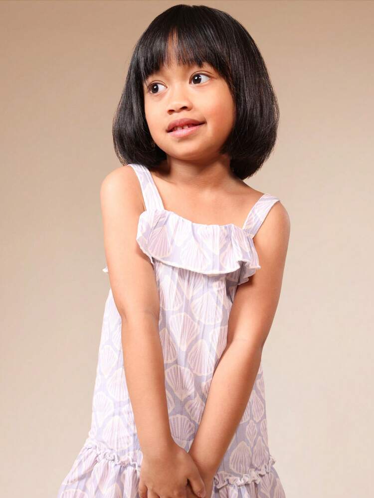 Girls Ruffle Shell Sleeveless A-Line Dress With Seashell Pattern Mini Length Summer Spring Casual Tiered Flounce Hem Spaghetti Strap Sundress