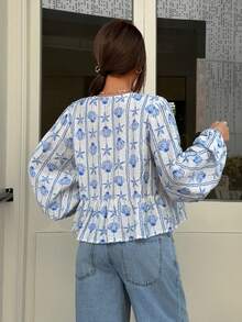 SHEIN EZwear Women's Casual Shell Print Lantern Sleeve Tie Front Shirt, Autumn - White - View 2