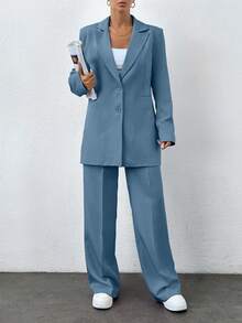 Women's Solid Color Notched Collar Single-Breasted Long Sleeve Jacket And Wide-Leg Pants Suit, Tall Women - Dusty Blue - View 4