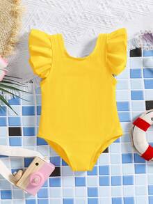 SHEIN Baby Girl Ruffled Sleeve Bowknot Back Decorated One-Piece Swimsuit, Summer - Multicolor - View 3