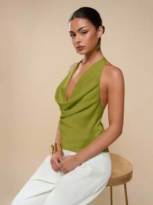 COSMINA Women's Solid Color Draped Neck Backless Sleeveless Summer Fashion Tank Top - Army Green - View 7