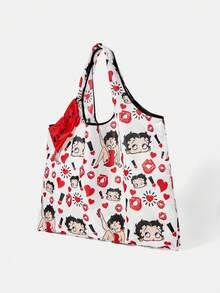 Betty Boop x SHEIN Fashion College Badge Pattern Waterproof Large Capacity Tote Bag - Red on white background - View 2