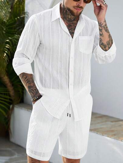 Manfinity CasualCool 男士休闲长袖衬衫短裤套装