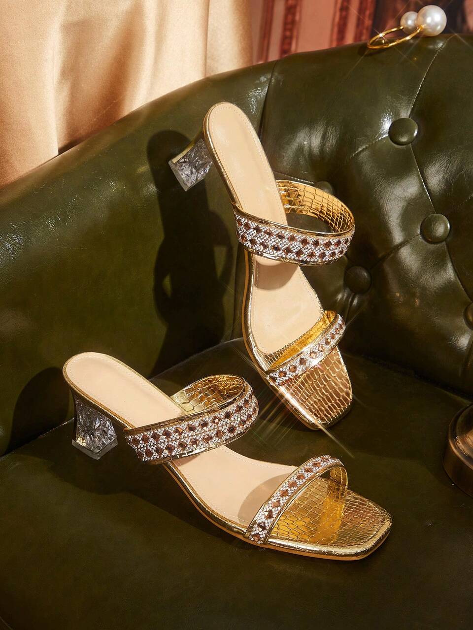 CUCCOO TILAWA Women's Square Toe Patent Leather Silver Rhinestone Strip Decoration Spring And Summer New Fashion Elegant Thick Heel High Heel Sandals