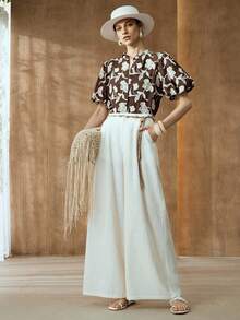 Arave Women's Embroidered Front Button Petal Sleeve Elegant Blouse - Coffee Brown - View 6