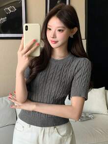 DAZY 女士圆领露背镂空扭结装饰纯色针织上衣 夏季 - 灰色 - 查看 6