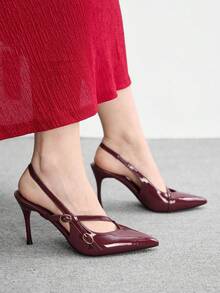 CUCCOO BIZCHIC 女士性感尖头交叉绑带搭扣高跟凉鞋，时尚露跟细高跟鞋，适合夜店派对，春夏款 - 酒紅色 - 查看 6