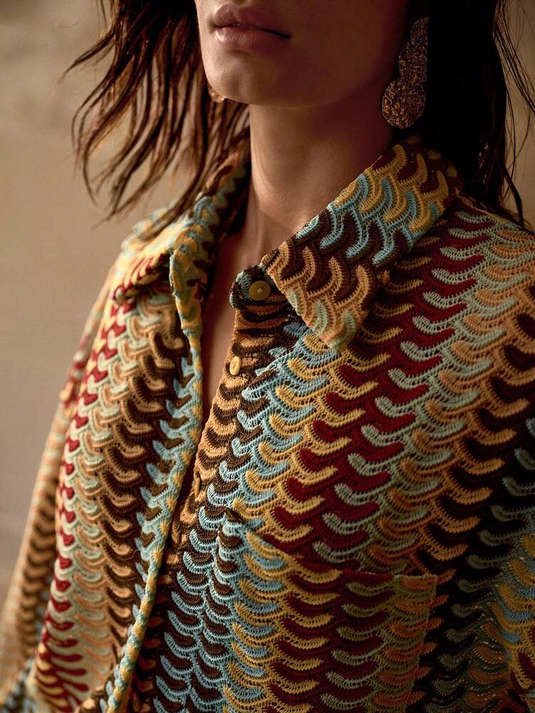 RELAXED LOOSE KNIT TEXTURED MULTI-COLOR CONTRAST COLOR VACATION COVER UP COAT