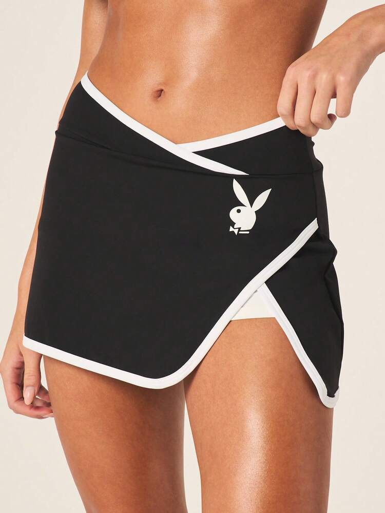 Missguided x Playboy Bunny Logo Active Skort With Contrast White Trim Wrap Front Mini Length And Varsity Back Text