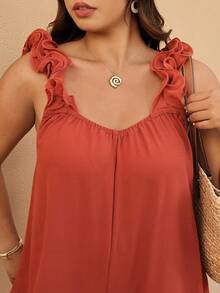 Elaquor 大码休闲纯色露背阔腿连体裤 - 紅木色 - 查看 3