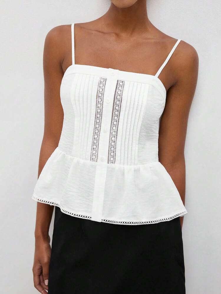 SHEIN Maija Outfit Deas For Tops,French Retro Solid Color Hollow Lace Ruffle Trim Camisole Top,White Top ,Summer Outfits Festival Outfits For Women,Holiday Outfits For Women ,Summer Holiday Outfits White Elegant Top White Spaghetti Strap Top Women's White Top Women's Tops For Summer