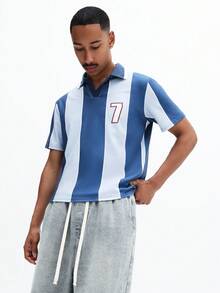 SUMWON Men Short Sleeve Slim Fit Vertical Striped Polo Shirt With Number 7 Print Chest Casual Button Down Collar Top Summer Spring Fashion - Multicolor - View 4