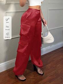 SHEIN SXY Quần cargo thời trang đường phố mùa xuân với túi 3D dành cho nữ - Đỏ - Xem 6