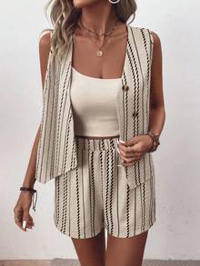 SHEIN LUNE Ladies Weave A Casual Striped Summer Two Pieces Set - Apricot - View 5