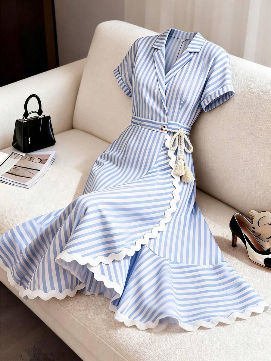 GlowEve Women's Blue & White Striped Waist Tie Irregular Hem A-Line Dress, Charming Elegant Everyday Commute Vacation Fashion Date French Street Retro Versatile Spring Summer Blue White New Mid-Length Short Sleeve Shirt Dress - Multicolor - View 1