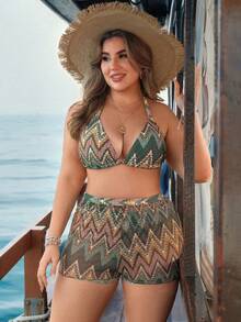 Swim Lushoire Plus Size All-Over Print Halter Backless Bikini Set - Multicolor - View 7