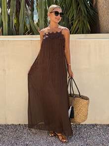 DAZY Abito a-line ampio con tessuto grinzoso e pizzo a contrasto, elegante abito lungo estivo da vacanza per le donne - Caffè Marrone - Visualizzare 6