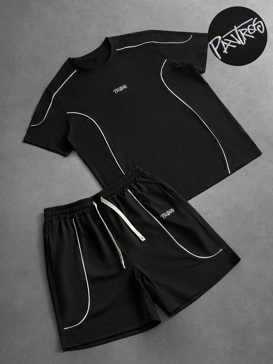 PAVTROS 男士撞色圆领短袖休闲夏季T恤套装 男士两件套 男士嘻哈短裤两件套 男士休闲短裤两件套 男士短裤套装 - 黑色 - 查看 1