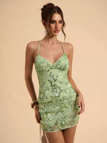 SHEIN BAE Women's Green Floral Embroidered Low-Waist Mini Skirt, Spring/Summer - Green - View 6