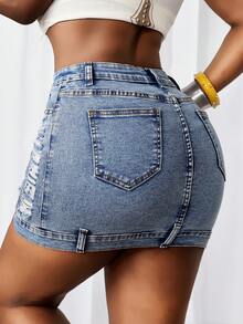 Slaydiva 女士休闲水洗做旧修身牛仔迷你裙，夏季 - 淺色水洗藍 - 查看 2