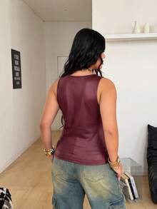 Coolane Áo tank top nữ cỡ lớn, phong cách mùa hè/xuân, thời trang đường phố, vintage Y2K, tối giản, cơ bản, chất liệu da, không tay, cổ chữ V, co giãn, gợi cảm. - Đỏ - Xem 7