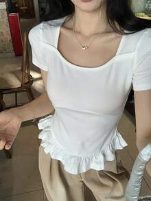 DAZY 女士舒适圆领短袖T恤，春夏款 - 白色 - 查看 5