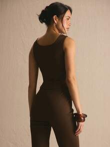 MUSERA Square Neck Bow Thick Strap Co-Ord Crop Top Only Spring Summer Cosy Cute Daily Girly Vacation Sunlight Social - Chocolate Brown - View 4