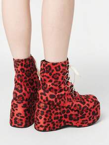ROMWE Kawaii 女士Y2K朋克哥特式系带毛绒厚底踝靴 - 酒紅豹紋 - 查看 2