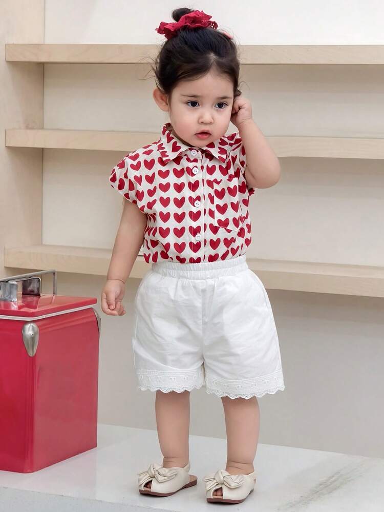 Baby Girls' Heart Print Short Sleeve Top, Korean Style Summer